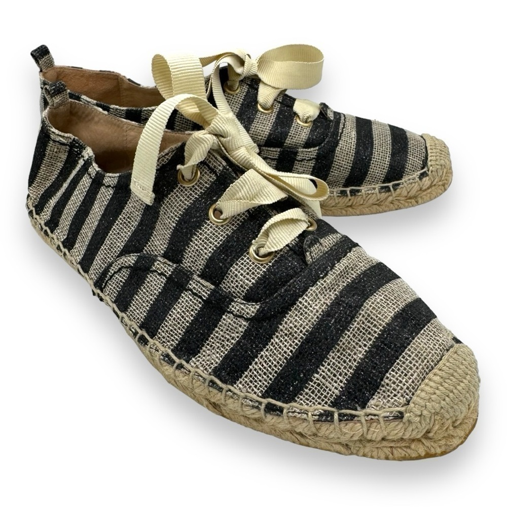 Kate Spade Lina Lace Up Striped Espadrilles, Black/Grey Glitter Stripe, Size 9